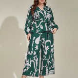 Plus size Women loose retro multi-color v-neck Career literary print shirt two piece set