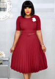 Plus Size Women summer Round Neck African pleated dress with belt