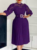 Women Solid lace hook flower hollow pleated dress