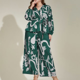 Plus size Women loose retro multi-color v-neck Career literary print shirt two piece set