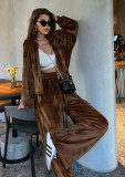 Women Casual Velvet zipper hooded top and wide-leg pants Two Piece Set