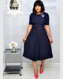 Plus Size Women summer Round Neck African pleated dress with belt