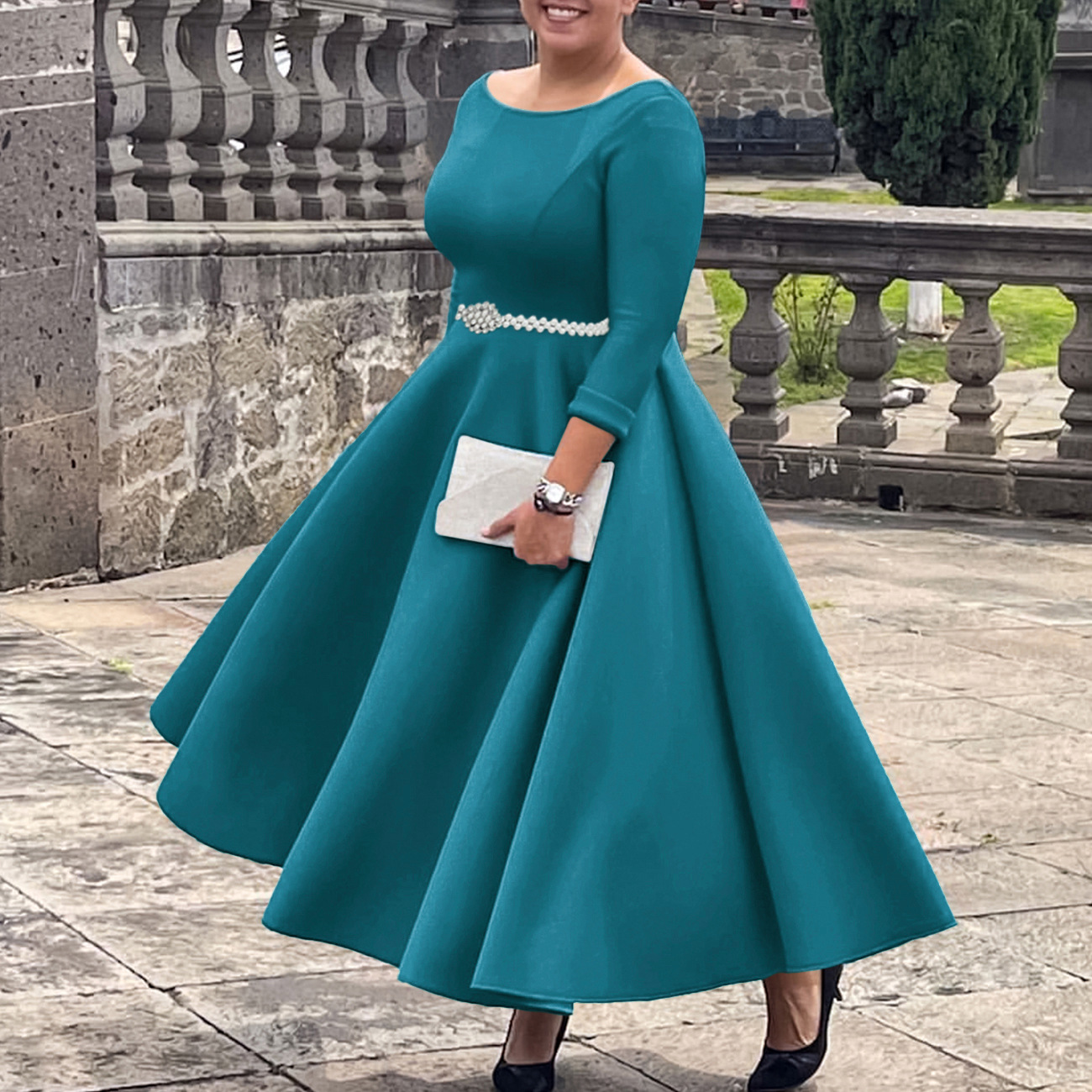Autumn Winter Solid Color Elegant A-Line Chic Evening Dress