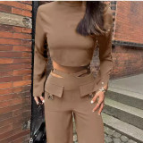 Autumn High-Neck Solid Color Crop Top Loose Wide-Leg Pants Two Piece Set