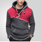 Men's Fashion Long-Sleeved Contrast Color Knitting Shirt Casual Hooded Pullover Sweater