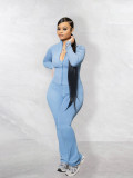 Women's Fashion Solid Color Pocket Zipper High Collar Jacket Casual Jumpsuit Sports Two-Piece Set