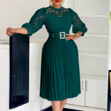Women Solid lace hook flower hollow pleated dress