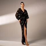 Women long sleeve V-neck sexy sequin Formal Party Maxi evening dress