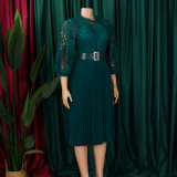 Women Solid lace hook flower hollow pleated dress