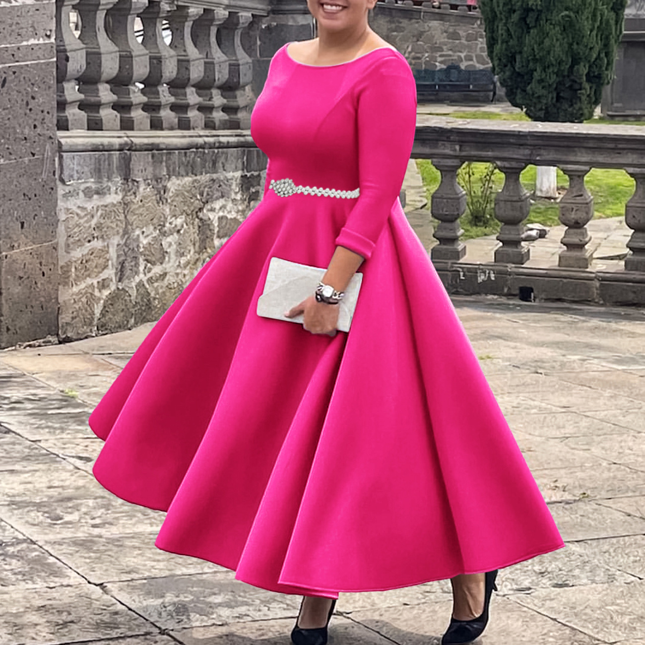 Autumn Winter Solid Color Elegant A-Line Chic Evening Dress
