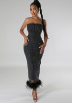 Women's Strapless Mesh Beaded Feather Slit Sexy Fashion Black Dress