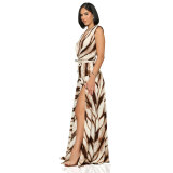 Women's Printed V-Neck Sleeveless Slit Long Dress