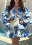 Summer Women's Elegant Fashion V-Neck Bubble Long Sleeve Printed Ruffle Dress