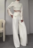 Autumn High-Neck Solid Color Crop Top Loose Wide-Leg Pants Two Piece Set