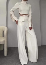 Autumn High-Neck Solid Color Crop Top Loose Wide-Leg Pants Two Piece Set Autumn High-Neck Solid Color Crop Top Loose Wide-Leg Pants Two Piece Set
