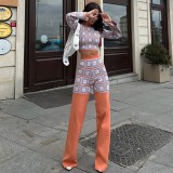 Women's Autumn Winter Printed Plaid Long Sleeve Short Top High Waist Straight Trousers Two Piece Set