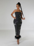 Women's Strapless Mesh Beaded Feather Slit Sexy Fashion Black Dress