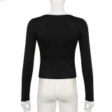 Women American Long Sleeve T-shirt Autumn V Neck Digital Stripe Patchwork Top