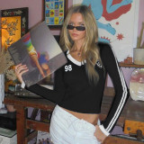 Women American Long Sleeve T-shirt Autumn V Neck Digital Stripe Patchwork Top