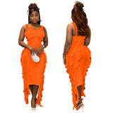 Sexy Strap Ruffled Solid Color Women's Fashion Slim Long Dress