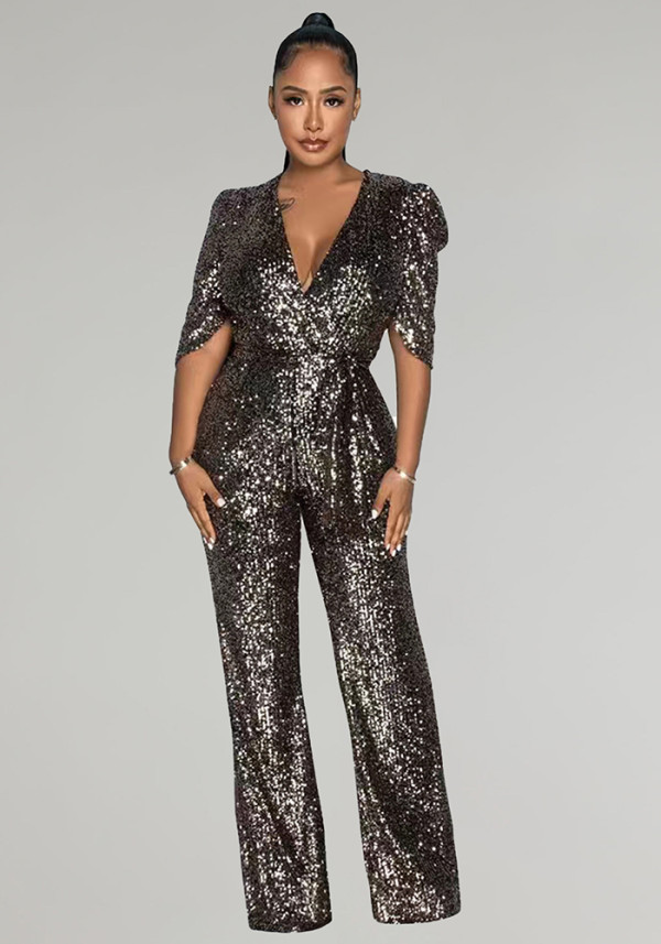 Sexy V-Neck Half-Sleeve Slim Sequin Women Party Jumpsuit