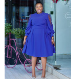 Autumn Polka Dot Mesh See-Through Lantern Sleeve Slim Waist Plus Size Dress