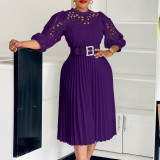 Women Solid lace hook flower hollow pleated dress