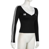 Women American Long Sleeve T-shirt Autumn V Neck Digital Stripe Patchwork Top