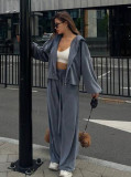 Women Casual Velvet zipper hooded top and wide-leg pants Two Piece Set