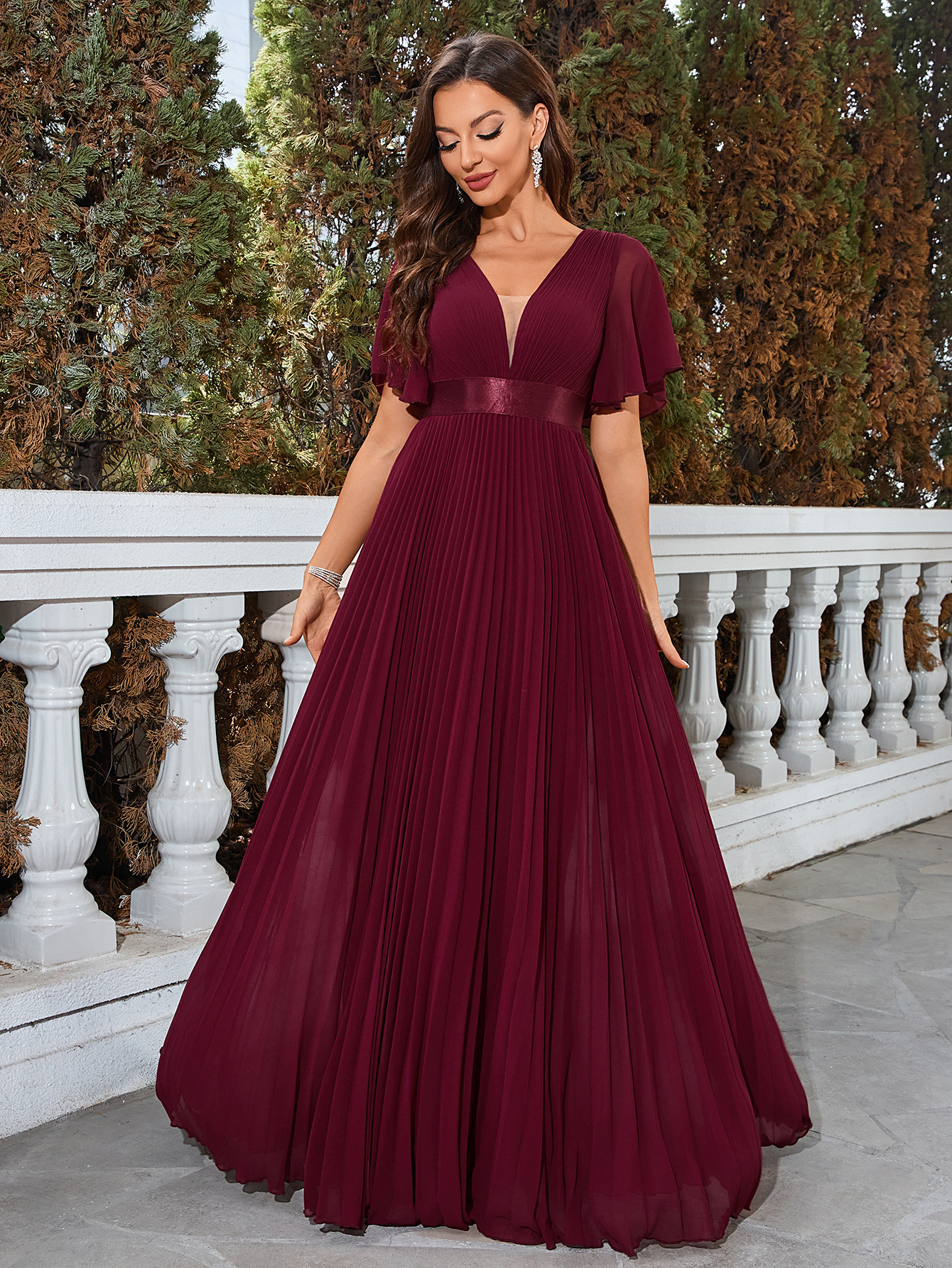 Women summer v-neck chiffon pleated evening dress