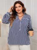 Women autumn polo collar blue and white striped shirt Top