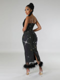 Women's Strapless Mesh Beaded Feather Slit Sexy Fashion Black Dress