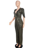 Sexy V-Neck Half-Sleeve Slim Sequin Women Party Jumpsuit