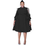 Autumn Polka Dot Mesh See-Through Lantern Sleeve Slim Waist Plus Size Dress