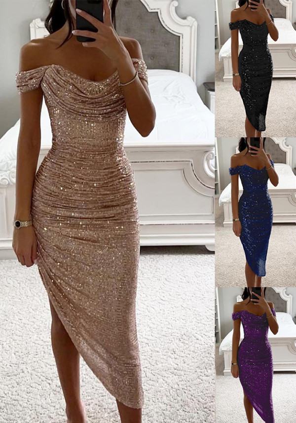 Spring Autumn Sequin Off Shoulder Fashion Party Women's Dress