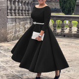 Autumn Winter Solid Color Elegant A-Line Chic Evening Dress