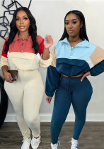 Autumn Contrast Color Zipper Patchwork Top Tight Fitting Pants Sports Two-Piece Set Autumn Contrast Color Zipper Patchwork Top Tight Fitting Pants Sports Two-Piece Set