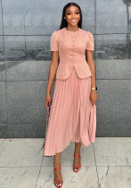 Autumn Career Women Button Short-Sleeved Top Pleated Skirt African Two-Piece Set Autumn Career Women Button Short-Sleeved Top Pleated Skirt African Two-Piece Set