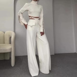 Autumn High-Neck Solid Color Crop Top Loose Wide-Leg Pants Two Piece Set