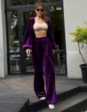 Women Casual Velvet zipper hooded top and wide-leg pants Two Piece Set