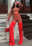 Women's Autumn Winter Printed Plaid Long Sleeve Short Top High Waist Straight Trousers Two Piece Set