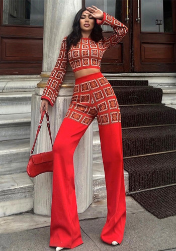 Women's Autumn Winter Printed Plaid Long Sleeve Short Top High Waist Straight Trousers Two Piece Set