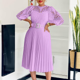 Women Solid lace hook flower hollow pleated dress
