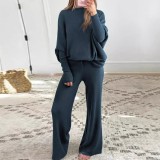 Women's Autumn Winter Solid Color Slash Shoulder Sweater Top Fashion Casual Pants Two Piece Set