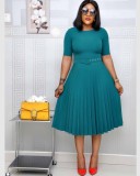 Plus Size Women summer Round Neck African pleated dress with belt