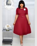 Plus Size Women summer Round Neck African pleated dress with belt