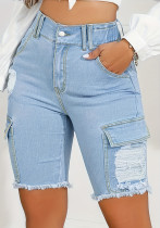 Pocket Ripped Slim Fit Denim Mid-Length Pants Solid Color Summer Street Jeans