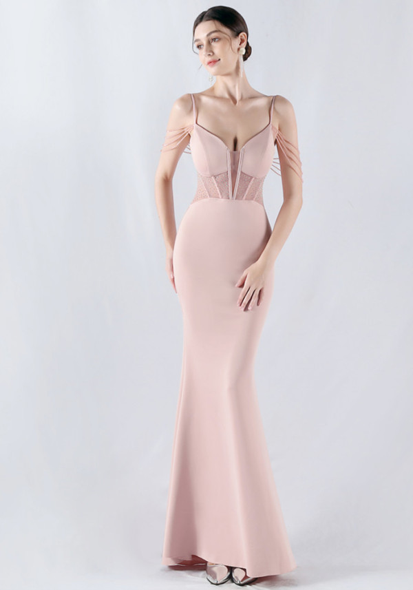 Sexy Fishbone Beaded Slim Waist Formal Party Evening Dress
