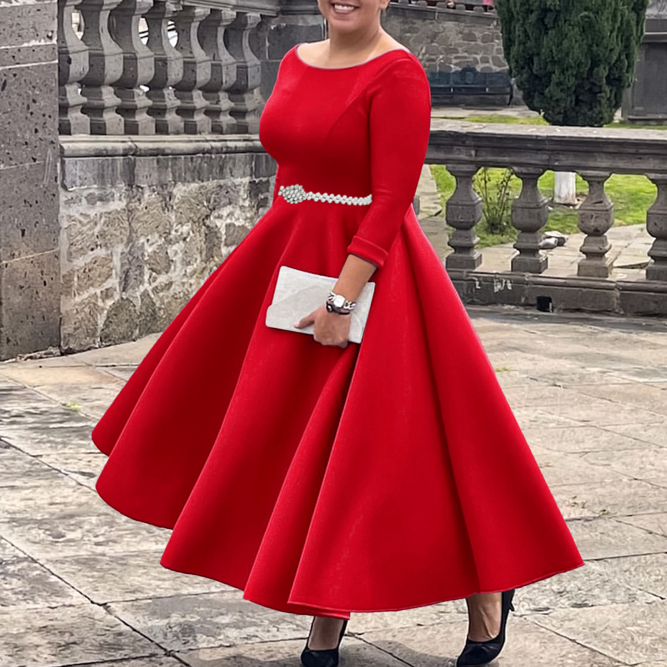 Autumn Winter Solid Color Elegant A-Line Chic Evening Dress