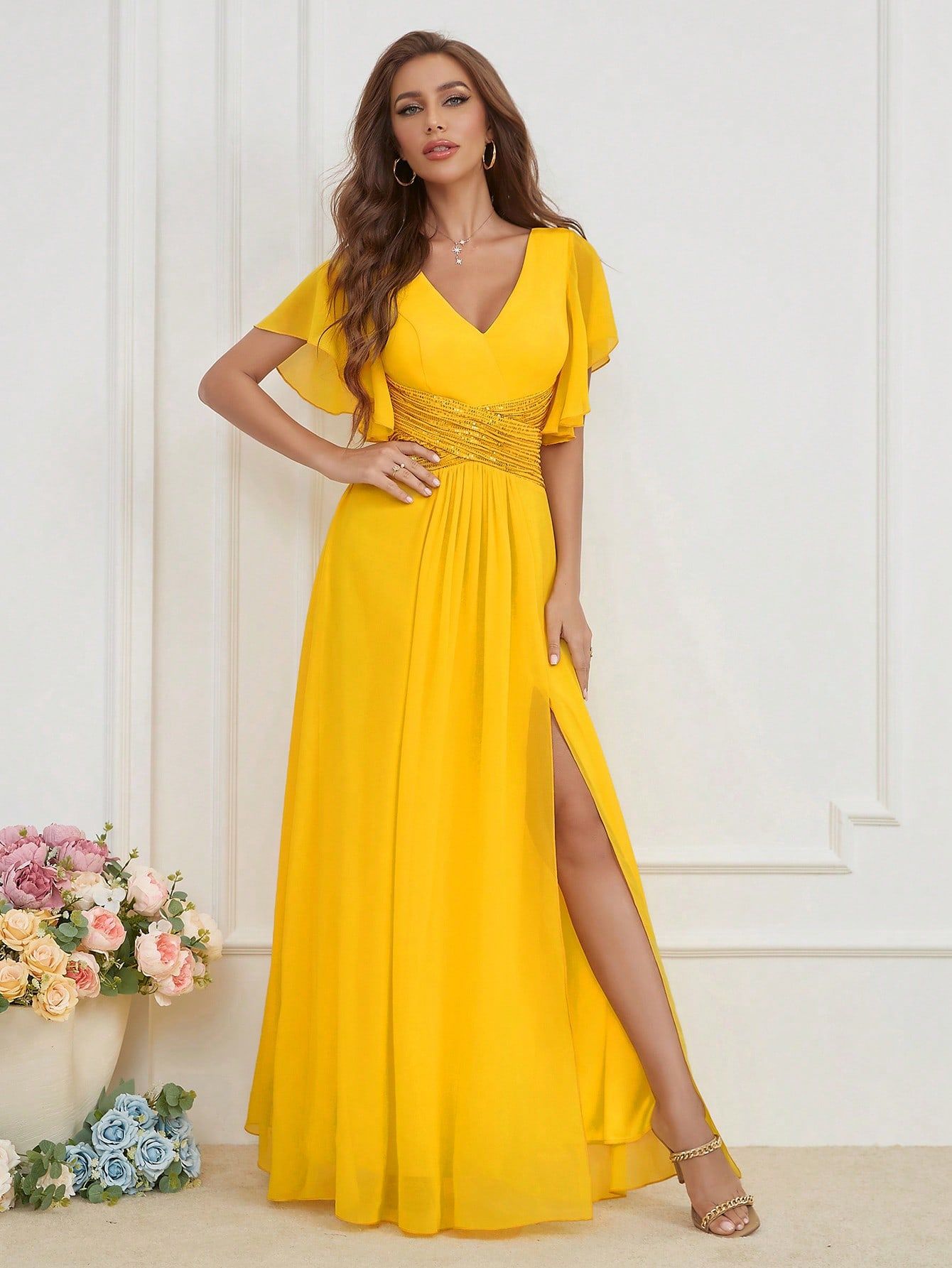 Women V-neck sequined patchwork chiffon evening dress